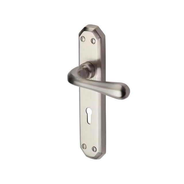 This is an image of a Heritage Brass - Door Handle Lever Lock Charlbury Design Satin Nickel Finish, v7050-sn that is available to order from Trade Door Handles in Kendal.