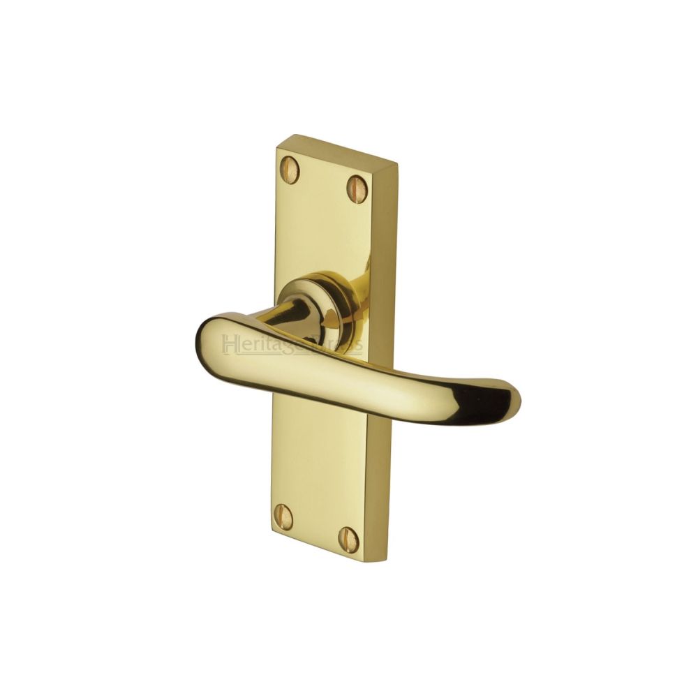 This is an image of a Heritage Brass - Door Handle Lever Latch Windsor Short Design Polished Brass Finish, v710-pb that is available to order from Trade Door Handles in Kendal.