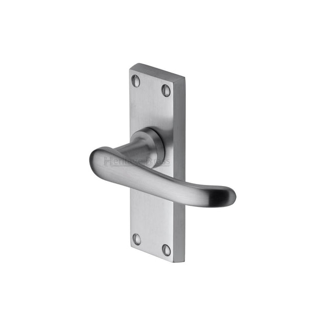 This is an image of a Heritage Brass - Door Handle Lever Latch Windsor Short Design Satin Chrome Finish, v710-sc that is available to order from Trade Door Handles in Kendal.