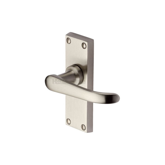 This is an image of a Heritage Brass - Door Handle Lever Latch Windsor Short Design Satin Nickel Finish, v710-sn that is available to order from Trade Door Handles in Kendal.