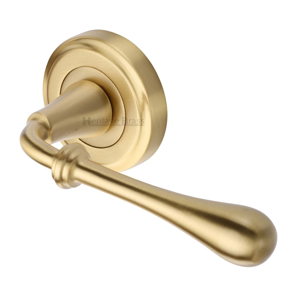 This is an image of a Heritage Brass - Door Handle Lever Latch on Round Rose Roma Design Satin Brass Fi, v7155-sb that is available to order from Trade Door Handles in Kendal.