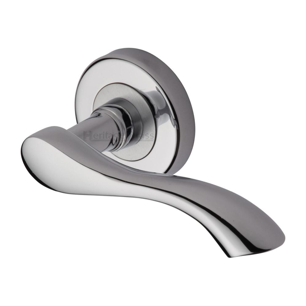 This is an image of a Heritage Brass - Door Handle Lever Latch on Round Rose Algarve Design Polished Chrom, v7210-pc that is available to order from Trade Door Handles in Kendal.