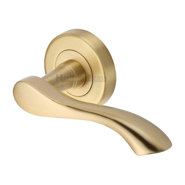 This is an image of a Heritage Brass - Door Handle Lever Latch on Round Rose Algarve Design Satin Brass, v7210-sb that is available to order from Trade Door Handles in Kendal.