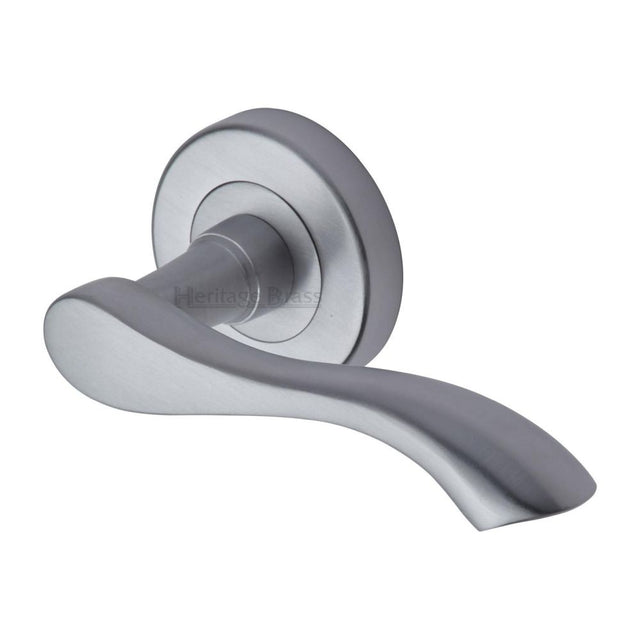 This is an image of a Heritage Brass - Door Handle Lever Latch on Round Rose Algarve Design Satin Chrom, v7210-sc that is available to order from Trade Door Handles in Kendal.