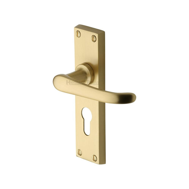 This is an image of a Heritage Brass - Door Handle for Euro Profile Plate Windsor Design Satin Brass Fi, v727-48-sb that is available to order from Trade Door Handles in Kendal.