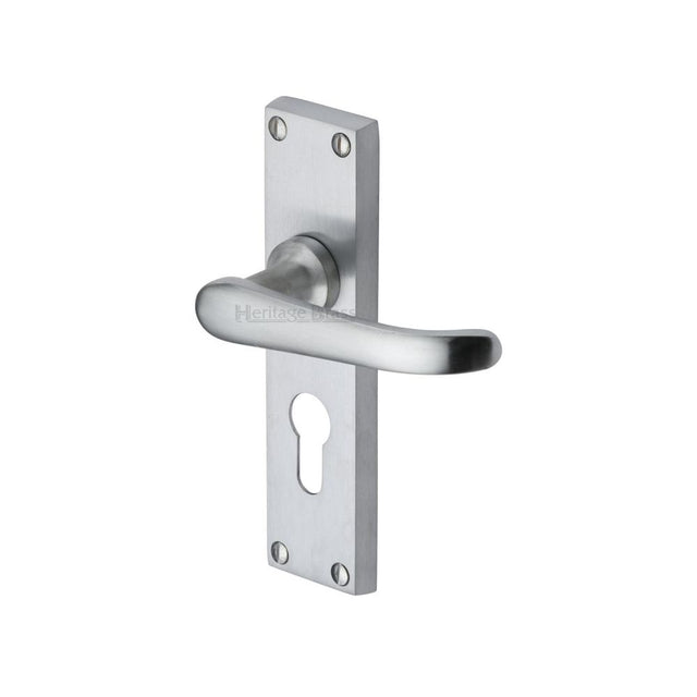 This is an image of a Heritage Brass - Door Handle for Euro Profile Plate Windsor Design Satin Chrome F, v727-48-sc that is available to order from Trade Door Handles in Kendal.