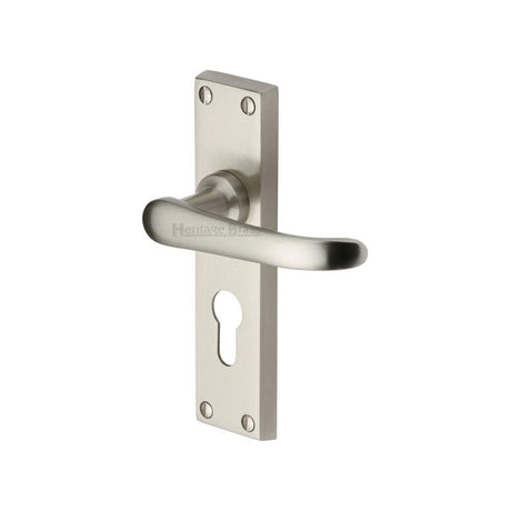 This is an image of a Heritage Brass - Door Handle for Euro Profile Plate Windsor Design Satin Nickel F, v727-48-sn that is available to order from Trade Door Handles in Kendal.