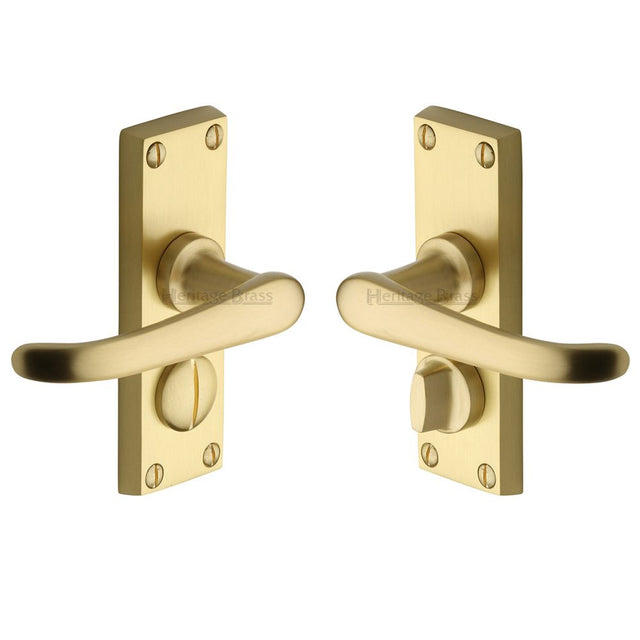 This is an image of a Heritage Brass - Door Handle for Privacy Set Windsor Short Design Satin Brass Fin, v735-sb that is available to order from Trade Door Handles in Kendal.