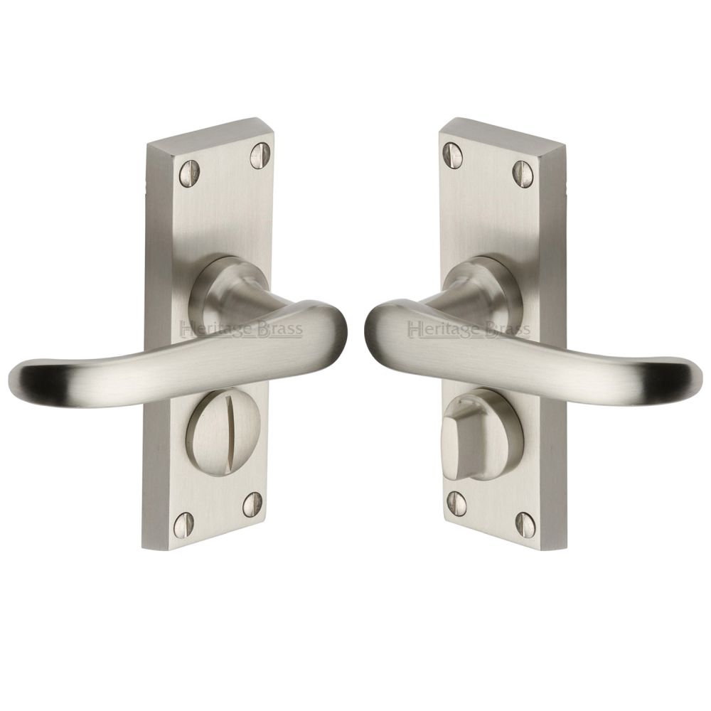 This is an image of a Heritage Brass - Door Handle for Privacy Set Windsor Short Design Satin Nickel Fi, v735-sn that is available to order from Trade Door Handles in Kendal.