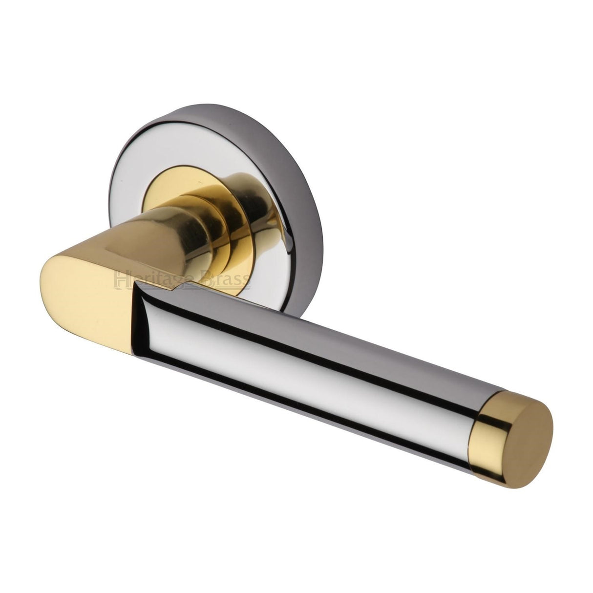 This is an image of a Heritage Brass - Door Handle Lever Latch on Round Rose Celia Design Chrome & Brass finish, v7450-cb that is available to order from Trade Door Handles in Kendal.