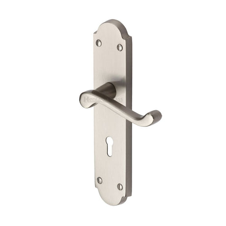 This is an image of a Heritage Brass - Door Handle Lever Lock Savoy Long Design Satin Chrome Finish, v750-sc that is available to order from Trade Door Handles in Kendal.