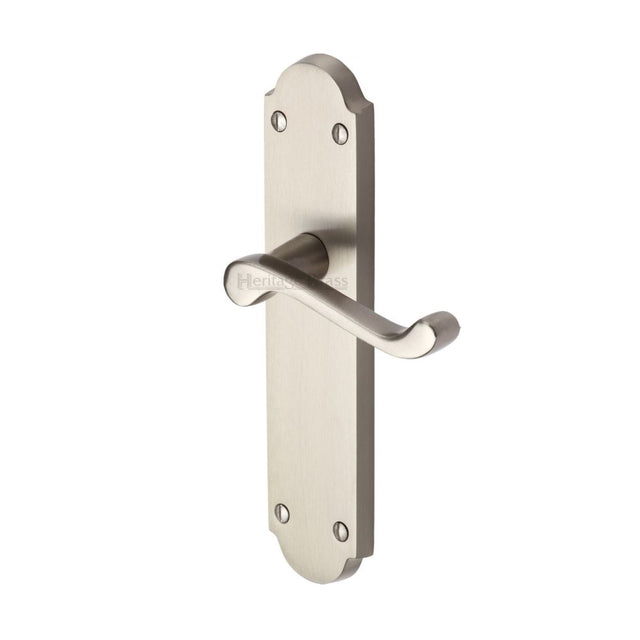 This is an image of a Heritage Brass - Door Handle Lever Latch Savoy Long Design Satin Chrome Finish, v760-sc that is available to order from Trade Door Handles in Kendal.