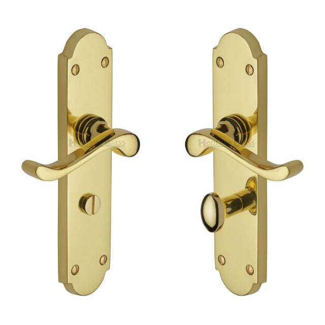 This is an image of a Heritage Brass - Door Handle for Bathroom Savoy Long Design Polished Brass Finish, v765-pb that is available to order from Trade Door Handles in Kendal.