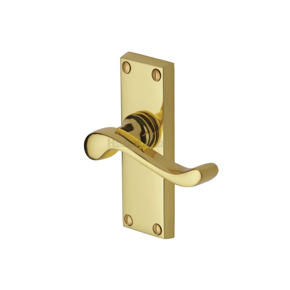 This is an image of a Heritage Brass - Door Handle Lever Latch Bedford Short Design Polished Brass Finish, v800-pb that is available to order from Trade Door Handles in Kendal.