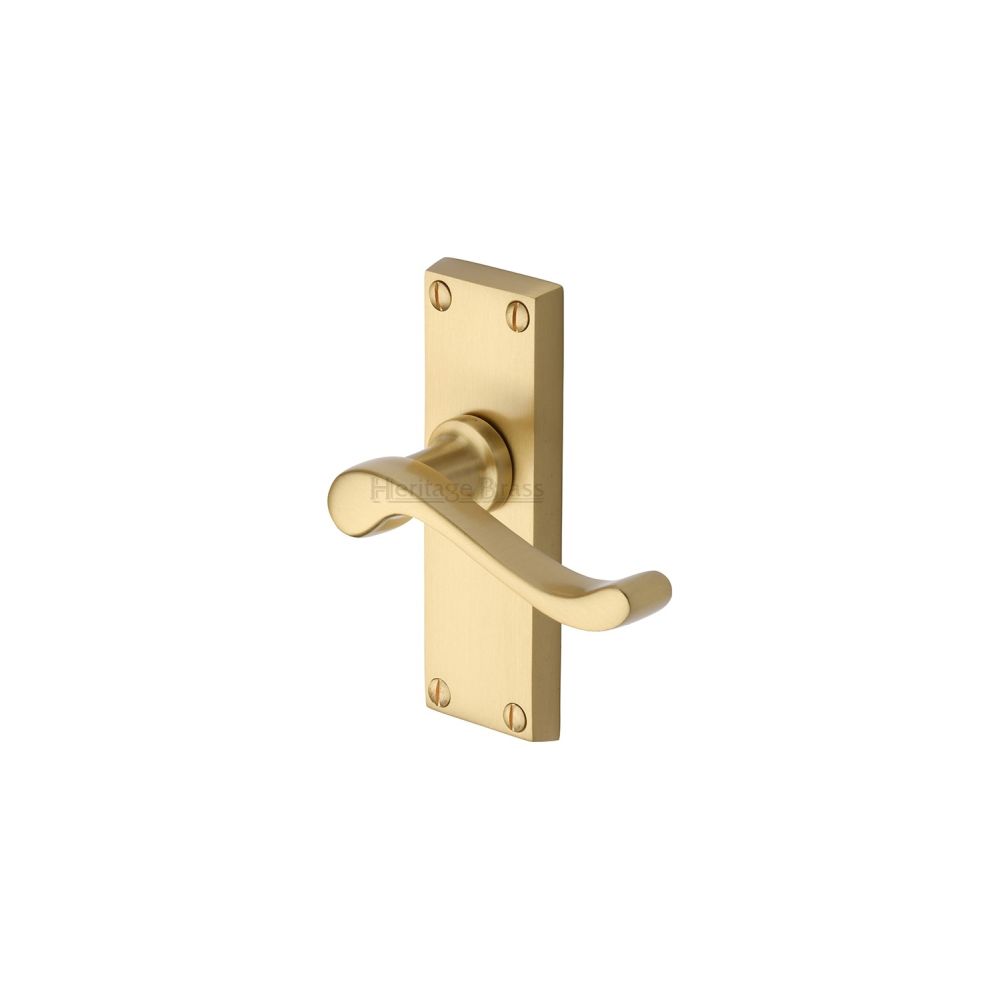 This is an image of a Heritage Brass - Door Handle Lever Latch Bedford Short Design Satin Brass Finish, v800-sb that is available to order from Trade Door Handles in Kendal.