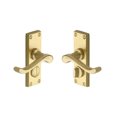 This is an image of a Heritage Brass - Door Handle for Privacy Set Bedford Short Design Satin Brass Fin, v825-sb that is available to order from Trade Door Handles in Kendal.