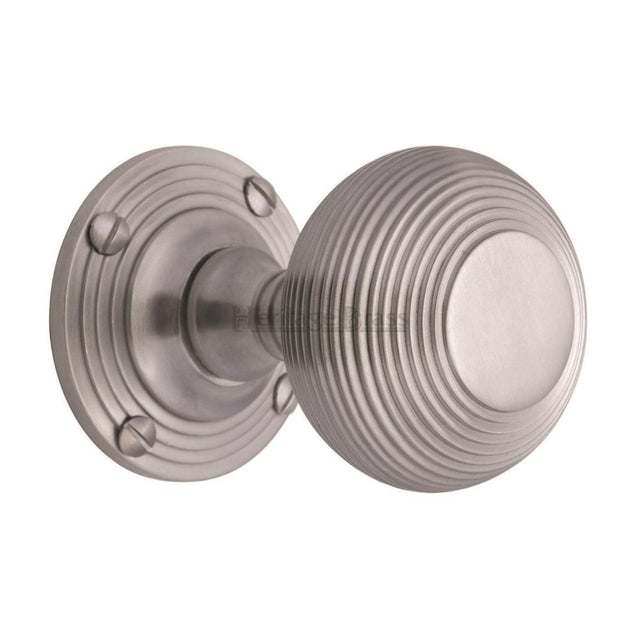 This is an image of a Heritage Brass - Mortice Knob on Rose Reeded Design Satin Chrome Finish, v971-sc that is available to order from Trade Door Handles in Kendal.