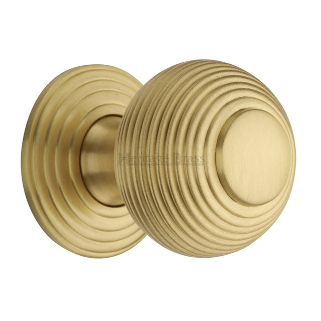 This is an image of a Heritage Brass - Cabinet Knob Reeded Design 38mm Satin Brass Finish, v973-38-sb that is available to order from Trade Door Handles in Kendal.