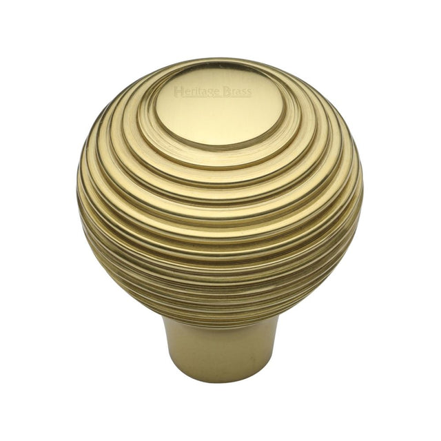 This is an image of a Heritage Brass - Cabinet Knob Reeded Design 32mm Polished Brass Finish, v974-32-pb that is available to order from Trade Door Handles in Kendal.