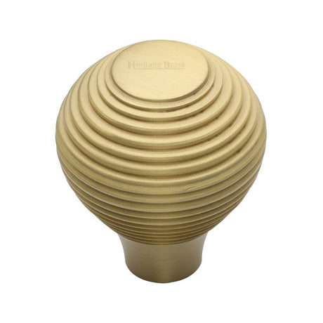 This is an image of a Heritage Brass - Cabinet Knob Reeded Design 32mm Satin Brass Finish, v974-32-sb that is available to order from Trade Door Handles in Kendal.