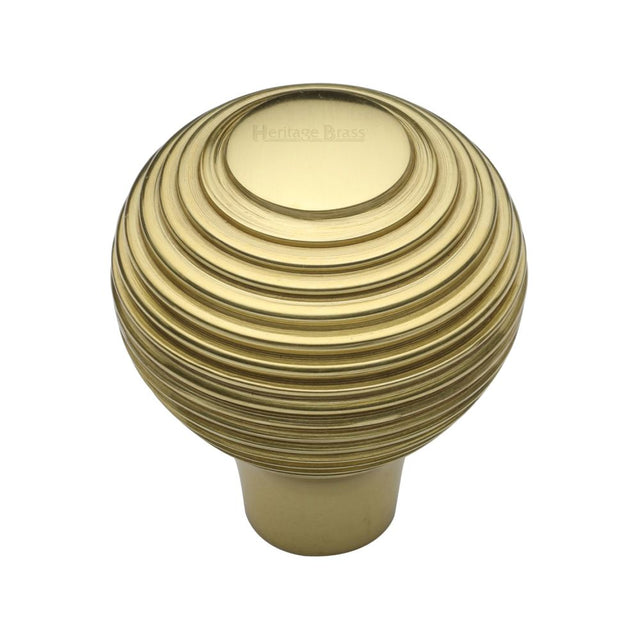 This is an image of a Heritage Brass - Cabinet Knob Reeded Design 38mm Polished Brass Finish, v974-38-pb that is available to order from Trade Door Handles in Kendal.