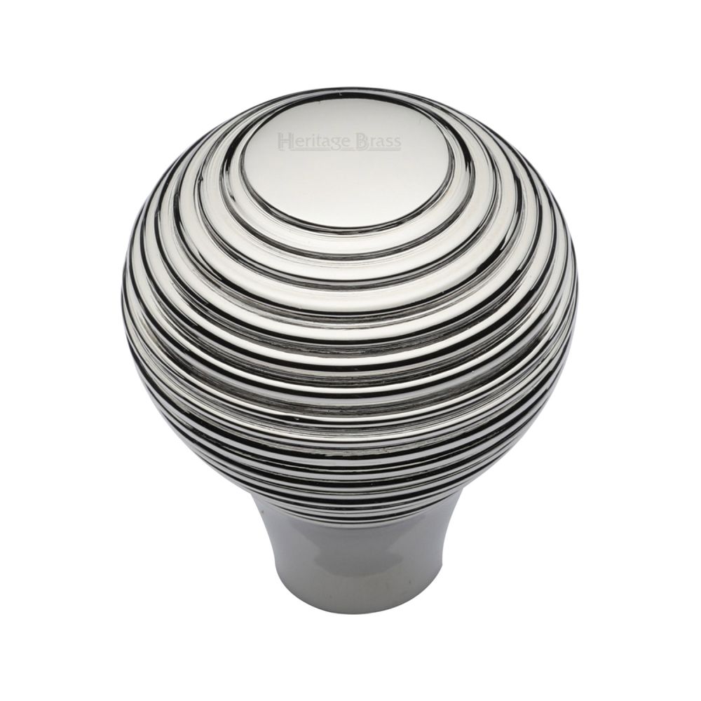 This is a image of a Heritage Brass - Cabinet Knob Reeded Design 38mm Pol. Nickel Finish that is available to order from Trade Door Handles in Kendal