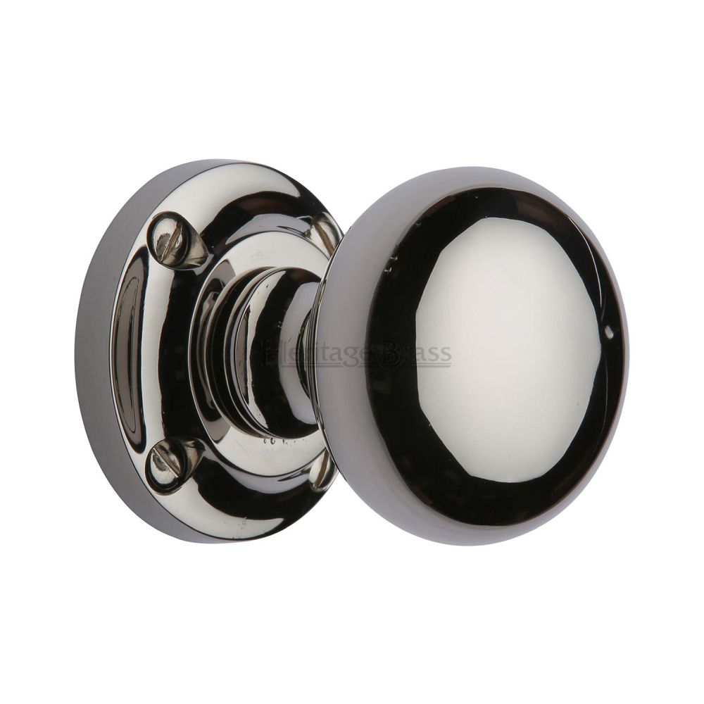 This is an image of a Heritage Brass - Mortice Knob on Rose Victoria Design Polished Nickel Finish, v980-pnf that is available to order from Trade Door Handles in Kendal.