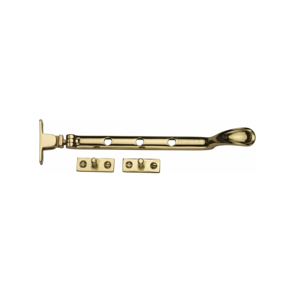 This is an image of a Heritage Brass - Casement Window Stay Spoon Pattern 8" Polished Brass Finish, v990-8-pb that is available to order from Trade Door Handles in Kendal.