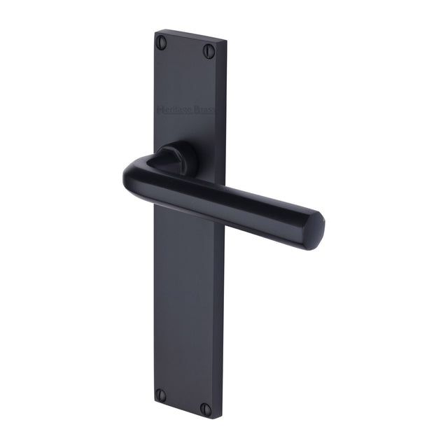 This is an image of a Heritage Brass - Octave Lever Latch Door Handle on 200mm Plate Matt Black finish, vt5910-bkmt that is available to order from Trade Door Handles in Kendal.