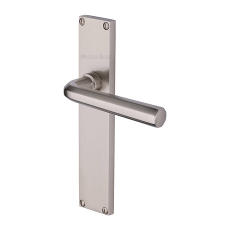 This is an image of a Heritage Brass - Octave Lever Latch Door Handle on 200mm Plate Satin Nickel finish, vt5910-sn that is available to order from Trade Door Handles in Kendal.