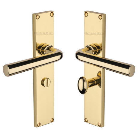 This is an image of a Heritage Brass - Octave Bathroom Set Door Handle on 200mm Plate Polished Brass finish, vt5930-pb that is available to order from Trade Door Handles in Kendal.