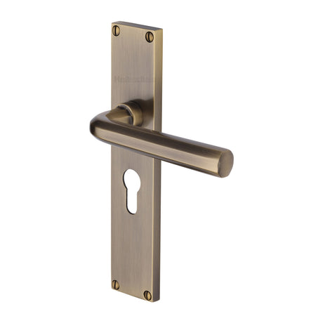 This is an image of a Heritage Brass - Octave Euro Profile Door Handle on 200mm Plate Antique Brass finish, vt5948-at that is available to order from Trade Door Handles in Kendal.