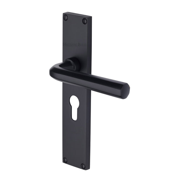 This is an image of a Heritage Brass - Octave Euro Profile Door Handle on 200mm Plate Matt Black finish, vt5948-bkmt that is available to order from Trade Door Handles in Kendal.