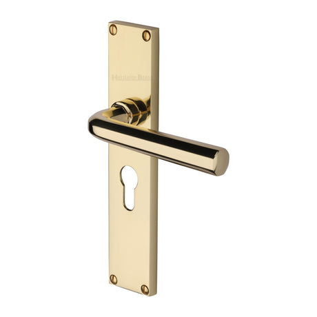 This is an image of a Heritage Brass - Octave Euro Profile Door Handle on 200mm Plate Polished Brass finish, vt5948-pb that is available to order from Trade Door Handles in Kendal.
