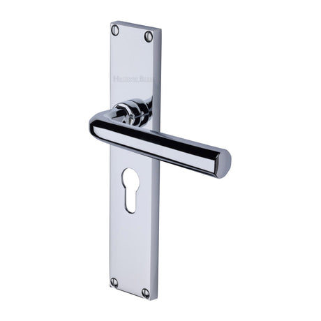 This is an image of a Heritage Brass - Octave Euro Profile Door Handle on 200mm Plate Polished Chrome finish, vt5948-pc that is available to order from Trade Door Handles in Kendal.