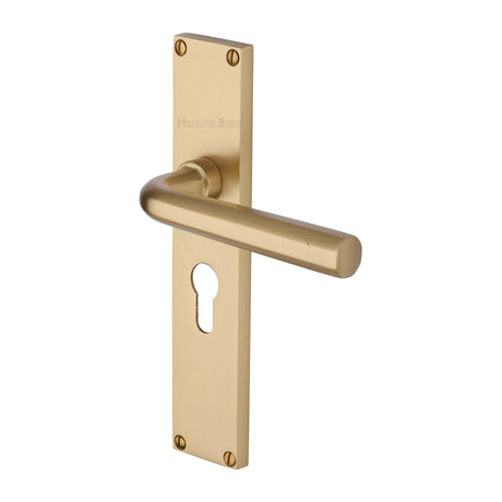 This is an image of a Heritage Brass - Octave Euro Profile Door Handle on 200mm Plate Satin Brass finish, vt5948-sb that is available to order from Trade Door Handles in Kendal.