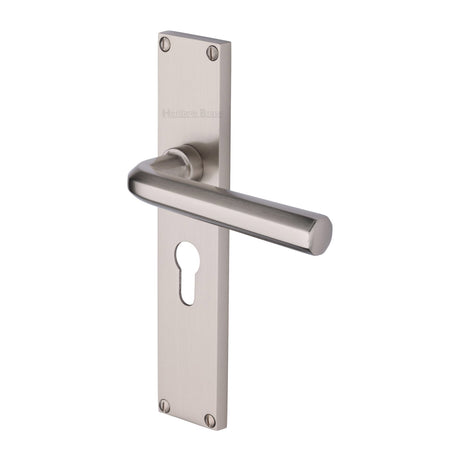 This is an image of a Heritage Brass - Octave Euro Profile Door Handle on 200mm Plate Satin Nickel finish, vt5948-sn that is available to order from Trade Door Handles in Kendal.