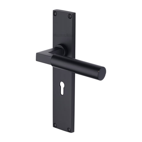 This is an image of a Heritage Brass - Bauhaus Lever Lock Door Handle on 200mm Plate Matt Black finish, vt6300-bkmt that is available to order from Trade Door Handles in Kendal.