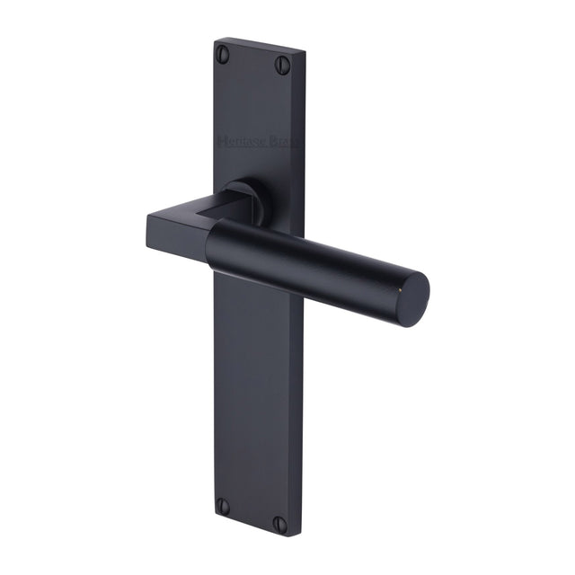 This is an image of a Heritage Brass - Bauhaus Lever Latch Door Handle on 200mm Plate Matt Black finish, vt6310-bkmt that is available to order from Trade Door Handles in Kendal.