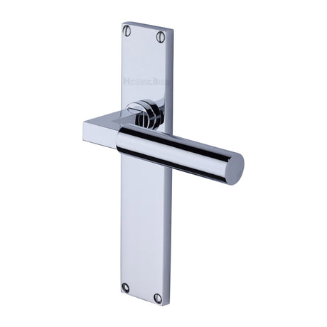 This is an image of a Heritage Brass - Bauhaus Lever Latch Door Handle on 200mm Plate Polished Chrome finish, vt6310-pc that is available to order from Trade Door Handles in Kendal.