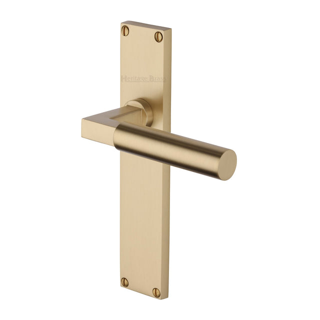 This is an image of a Heritage Brass - Bauhaus Lever Latch Door Handle on 200mm Plate Satin Brass finish, vt6310-sb that is available to order from Trade Door Handles in Kendal.