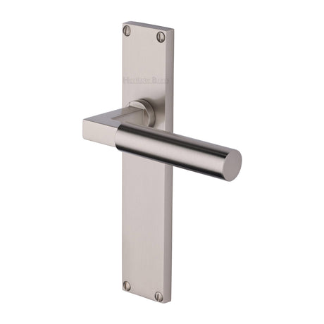 This is an image of a Heritage Brass - Bauhaus Lever Latch Door Handle on 200mm Plate Satin Nickel finish, vt6310-sn that is available to order from Trade Door Handles in Kendal.
