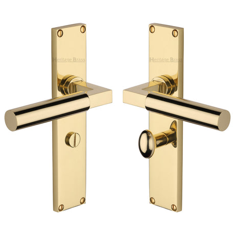 This is an image of a Heritage Brass - Bauhaus Bathroom Set Door Handle on 200mm Plate Polished Brass finish, vt6330-pb that is available to order from Trade Door Handles in Kendal.
