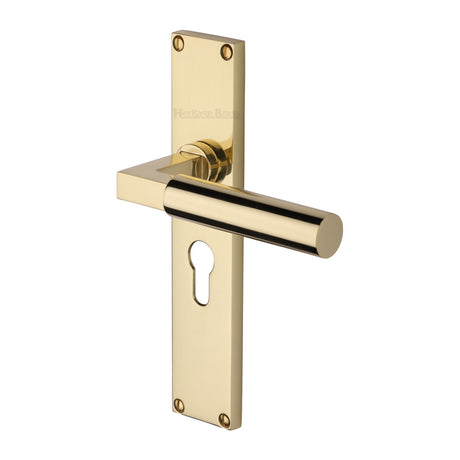 This is an image of a Heritage Brass - Bauhaus Euro Profile Door Handle on 200mm Plate Polished Brass finish, vt6348-pb that is available to order from Trade Door Handles in Kendal.