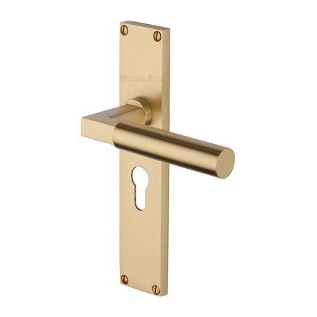 This is an image of a Heritage Brass - Bauhaus Euro Profile Door Handle on 200mm Plate Satin Brass finish, vt6348-sb that is available to order from Trade Door Handles in Kendal.