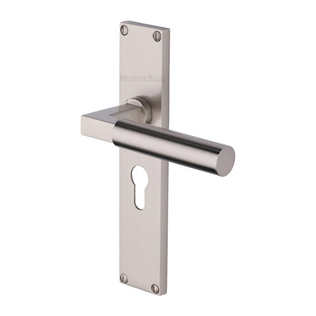 This is an image of a Heritage Brass - Bauhaus Euro Profile Door Handle on 200mm Plate Satin Nickel finish, vt6348-sn that is available to order from Trade Door Handles in Kendal.