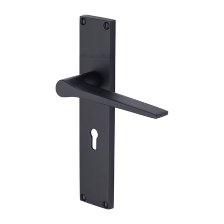 This is an image of a Heritage Brass - Gio Lever Lock Door Handle on 200mm Plate Matt Black finish, vt8100-bkmt that is available to order from Trade Door Handles in Kendal.