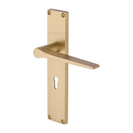 This is an image of a Heritage Brass - Gio Lever Lock Door Handle on 200mm Plate Satin Brass finish, vt8100-sb that is available to order from Trade Door Handles in Kendal.