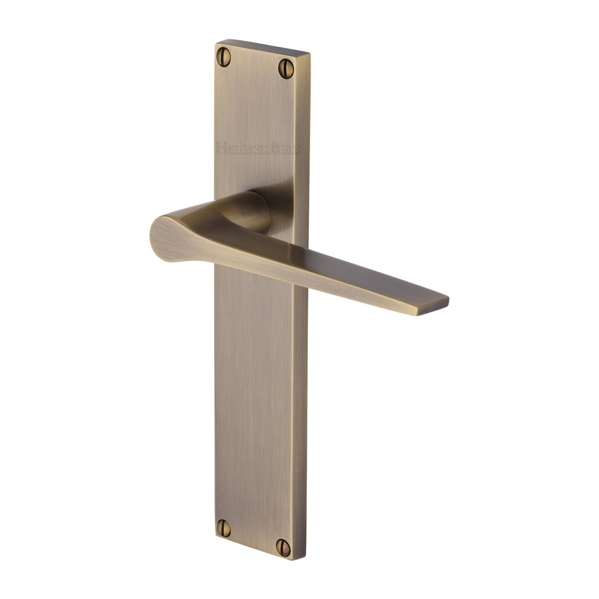 This is an image of a Heritage Brass - Gio Lever Latch Door Handle on 200mm Plate Antique Brass finish, vt8110-at that is available to order from Trade Door Handles in Kendal.