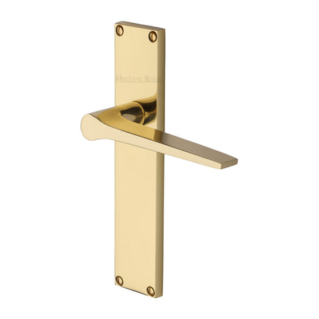 This is an image of a Heritage Brass - Gio Lever Latch Door Handle on 200mm Plate Polished Brass finish, vt8110-pb that is available to order from Trade Door Handles in Kendal.